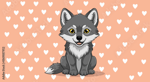 Adorable grey wolf pup character sitting happily on a vibrant orange background decorated with many small white hearts for kids.