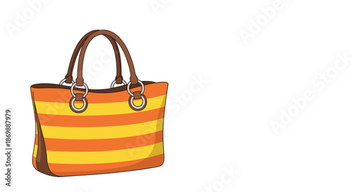 Stylish orange and yellow striped tote bag with sturdy brown handles and silver rings isolated on a clean white background.