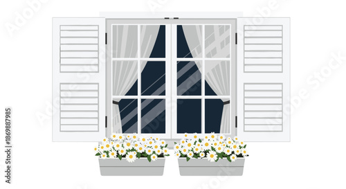Cozy window scene at night featuring white shutters, sheer curtains, and two boxes of blooming daisies on a clean windowsill.