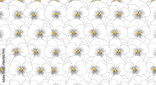 Dense seamless pattern of white pansy flowers with bright yellow centers, creating a fresh and elegant floral background for prints.