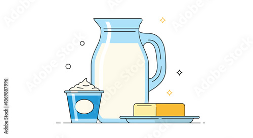 Selection of healthy dairy products including a pitcher of milk, a cup of yogurt, and a block of butter on a plate with stars.