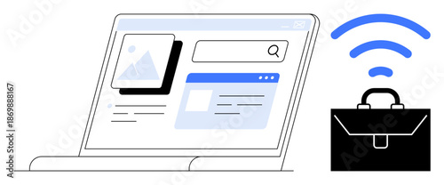Remote work, online business, productivity tools, digital communication, wireless networking, internet access. Graphic shows a laptop with a web interface and a briefcase with a wireless symbol