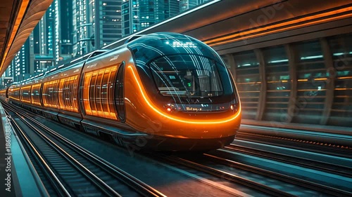 Low angle static shot: A futuristic train speeds through a tunnel in a vibrant cityscape at night.