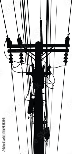 Electric utility power pole vector illustration with multiple overhead cables and insulators isolated on white background industrial electricity infrastructure