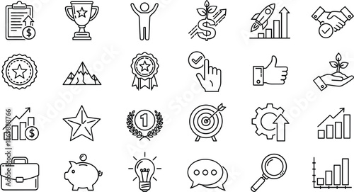 Business Achievement and Success Icon Set with Growth Strategy Finance and Motivation Outline Vector Collection