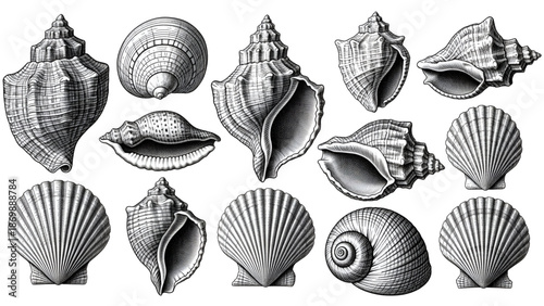 A collection of various seashells in detailed black and white illustrations