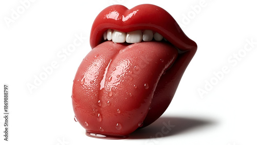 Close up of red lips with tongue out and white teeth on white background