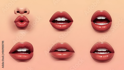 Six different expressions of lips and mouths with various emotions on a peach