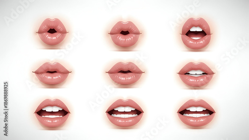Nine pairs of glossy lips in various expressions and poses on a clean white