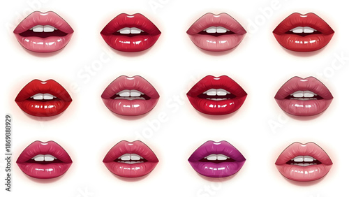 Vibrant collection of glossy lips in various shades of red and pink