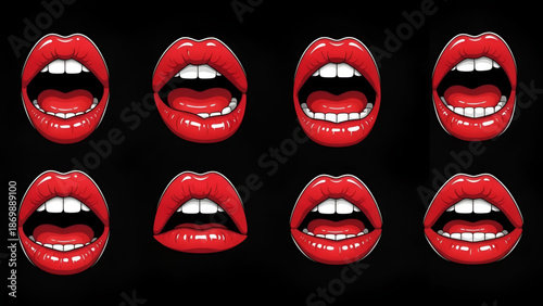Eight different expressions of red lips and white teeth on black background