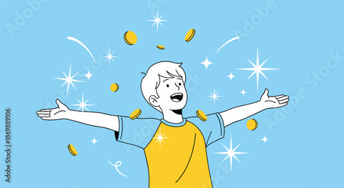 Joyful young boy with open arms celebrates financial success as gold coins fall from the sky against a blue background.
