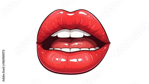 Glossy red lips with white teeth in a close up illustration of a mouth
