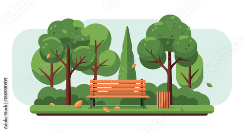Serene city park scene featuring a wooden bench surrounded by lush green trees and falling autumn leaves under a soft sky.