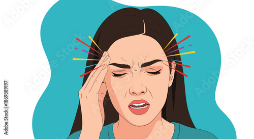 Young woman closing her eyes and touching her temple in pain with colorful lines radiating from her head indicating a migraine.