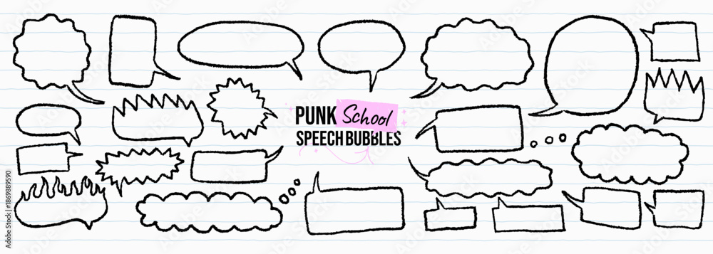 Fototapeta premium Black crayon speech bubbles set. Punk school cloud message shapes. Doodle sketch rounded, rectangular, flame forms. Funky text boxes for emphasis. Comic dialog talk balloons with freehand pen texture.