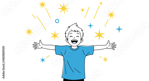 Extremely joyful young boy with short blonde hair standing with his arms open and a huge smile under bright colorful sparkles.
