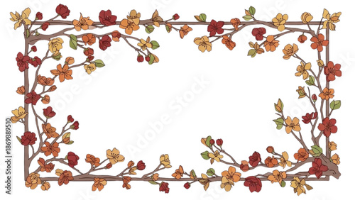 Vibrant autumn leaves and branches forming a decorative rectangular frame on a clean white background from a direct overhead viewpoint