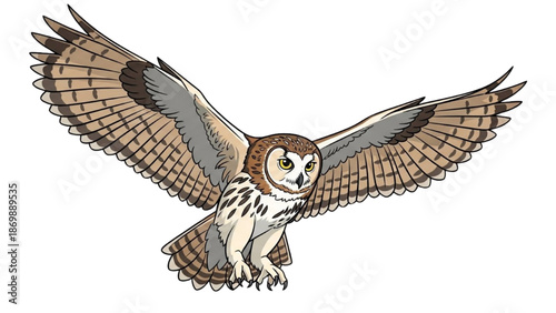 An owl in flight, wings outstretched, soaring through the air with precision and grace, viewed from a frontal perspective.
