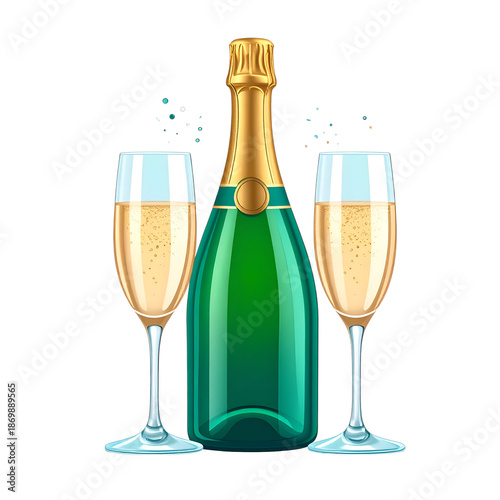 Wallpaper Mural Celebration in a Bottle: A festive image, featuring a bottle of champagne alongside two elegant glasses, each filled to the brim with bubbly goodness, capturing the essence of celebration.  Torontodigital.ca