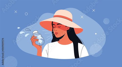 Young woman wearing a large sun hat holding a plastic ice pack to her neck to cool down during a hot and sunny summer day.