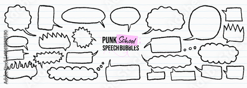 Black crayon speech bubbles set. Punk school cloud message shapes. Doodle sketch rounded, rectangular, flame forms. Funky text boxes for emphasis. Comic dialog talk balloons with freehand pen texture.