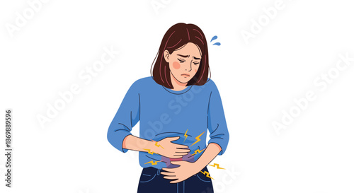 Young woman holding her stomach with a painful expression and yellow lightning symbols indicating severe abdominal pain or cramps.
