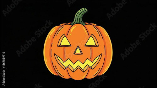 A carved pumpkin with a menacing face glows against a dark background