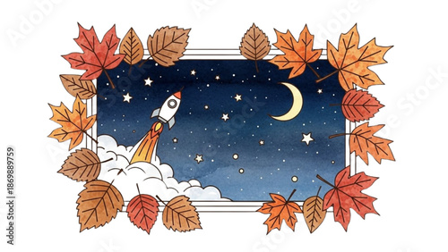 A rocket launches into a starry night sky surrounded by autumn leaves