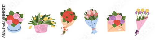 Collection of stylized floral arrangements including roses in boxes, tulips in baskets, and iris bouquets. Elegant spring flower set isolated on white for greeting cards and invitations.
