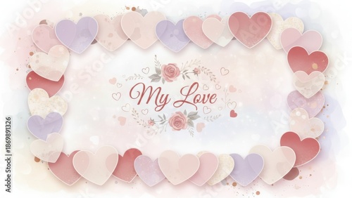 Watercolor Heart Frame with 'My Love' Text for Valentine's Day
