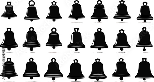 Set of Black Bell Silhouettes Isolated on White Background for Christmas Decoration Wedding Celebration School Alerts and Religious Church Service Icons