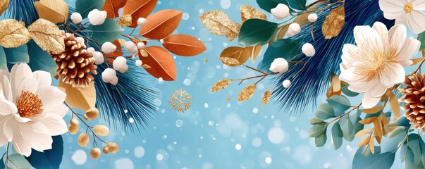 Winter floral arrangement with cotton, pinecones, and gold ornaments against a blue snowy backdrop
