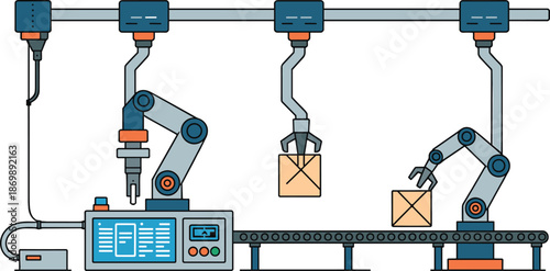 Industrial robotic assembly line illustration, automated manufacturing conveyor with robotic arms, smart factory production process vector