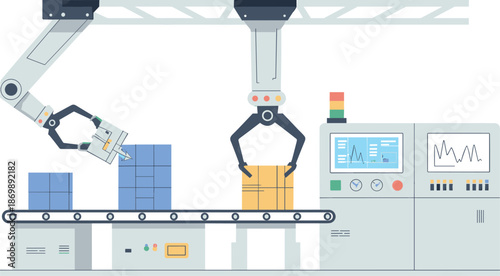 Industrial robotic assembly line illustration, automated manufacturing conveyor with robotic arms, smart factory production process vector