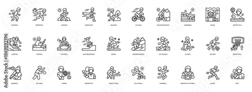 Athletic Activity line style icon set. Containing Running, Sprinting , Jogging, Marathon, Walking, Cycling