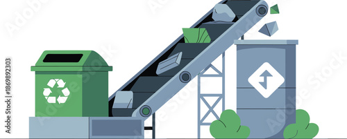 Waste recycling conveyor illustration, automated garbage sorting system, recycling plant process, sustainable waste management technology vector