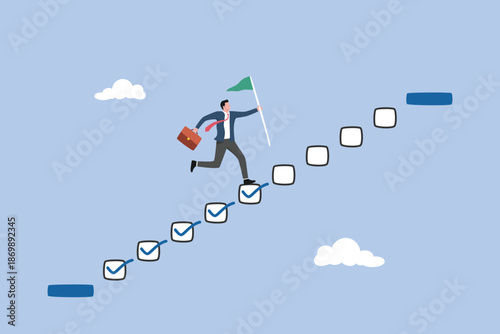 Hope to success in business, smart confident businessman climb up stair to the top to reaching to grab precious star reward, reward and motivation concept, accomplishment or reaching business goal.