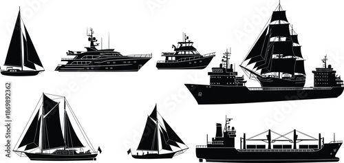 Ship silhouettes set, black boat vector collection, yacht, sailboat, cargo vessel, marine transport icons, isolated on white background.