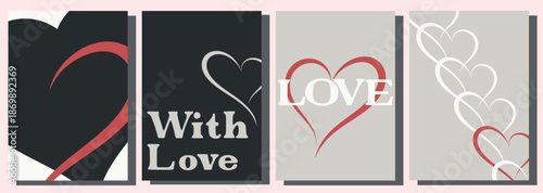 Minimal Black and Neutral Valentine Postcards Set with Heart Shapes