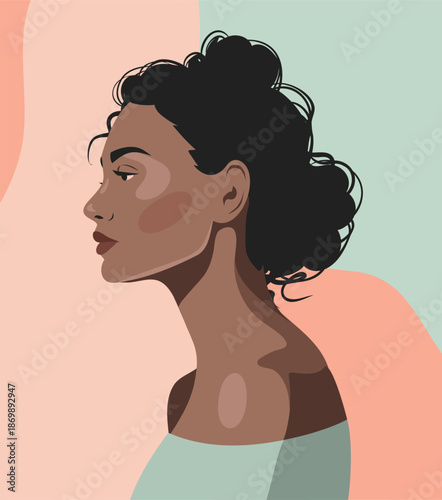 Vector abstract portrait of a beautiful dark-skinned woman with curly hair in profile. Ideal for topics related to diversity, beauty, fashion, and culture. Avatar for social media
