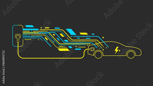 Electric car charging with abstract digital circuit board lines connecting to vehicle and charging station