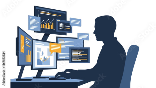 Skilled Developer or Data Analyst Immersed in Programming and Data Visualization Across Multiple Computer Screens, Showcasing Modern Digital Work and Technological Expertise