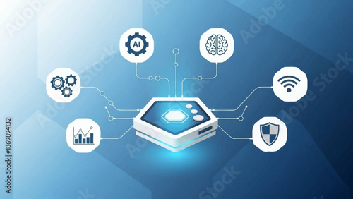 Abstract digital hub connecting artificial intelligence, data analytics, network security, and processing functions for integrated technology solutions