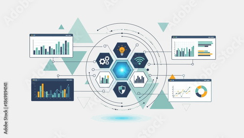 Advanced business intelligence and data analytics dashboard with connected technology icons and various charts for strategic insights and digital transformation