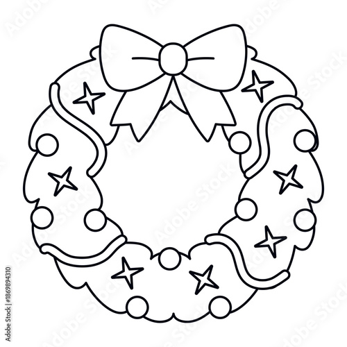 Christmas wreath line art illustration with festive holiday style. Simple black outline for coloring pages, cards, prints, stickers, winter, kids designs. Hand drawn. Vector. Isolated background.