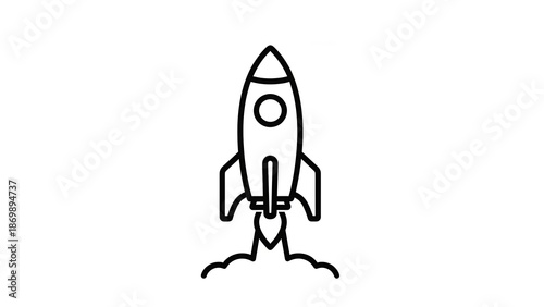 A simple line drawing of a rocket ship blasting off into space