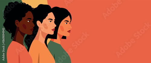 Vector horizontal banner with space for text for Women's Day, March 8. Women of different nationalities and cultures together. Diversity, gender equality, and women's empowerment