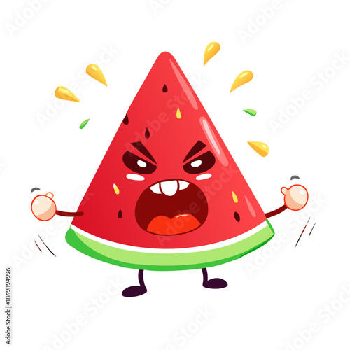 Angry watermelon slice cartoon character expressing frustration
