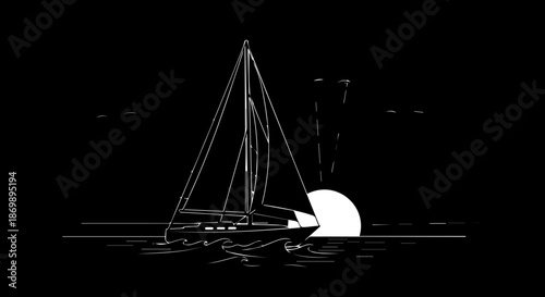 Serene Sailing: Elegant sailboat gliding across ocean waters at sunset, a minimalist design evoking freedom, adventure, and the beauty of nautical travel